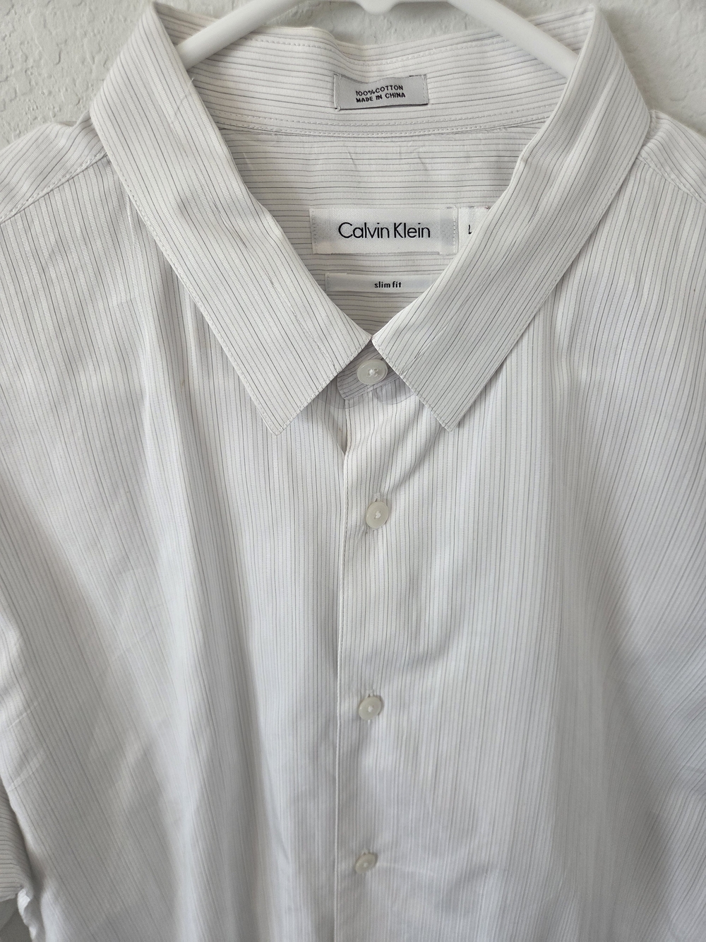 Calvin Klein Men's White Pinstripe Slim Fit Dress Shirt